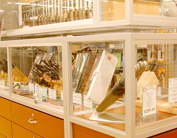 Photograph of freestanding steel and wood retail display units created by Townsend Design for CHEF CENTRAL Retail in White Plains, NY